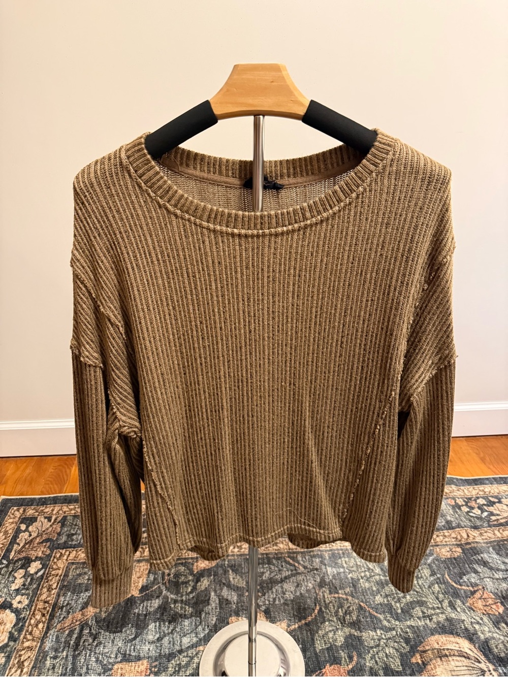 Blu Pepper Ribbed Long-Sleeve Crewneck Top - Brown
